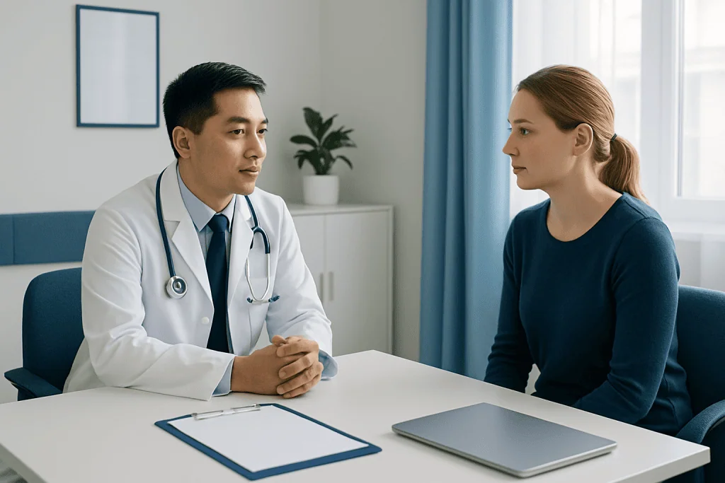 Doctor consulting with a female patient in a medical office.