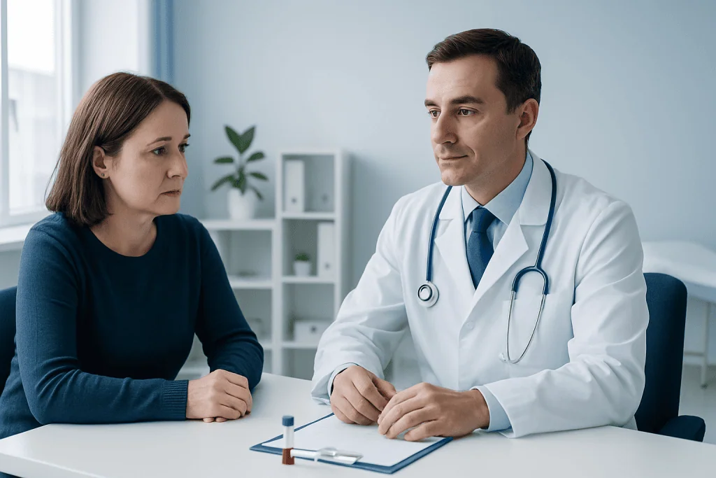 Doctor consulting with a female patient in a medical office.
