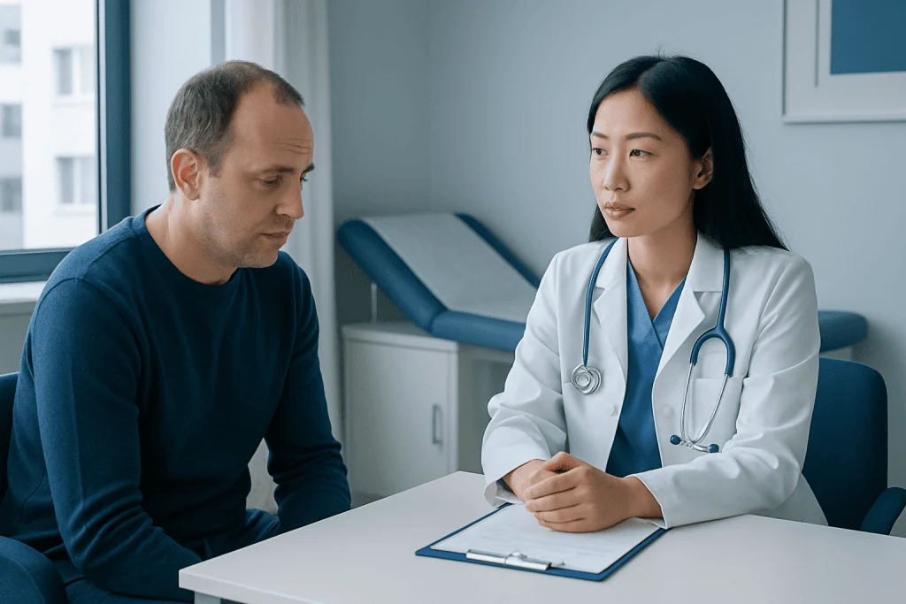 Doctor consulting with patient about blood test results in clinic.