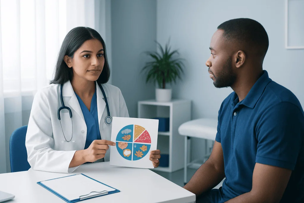 Doctor explaining health information to a patient with a colorful chart.