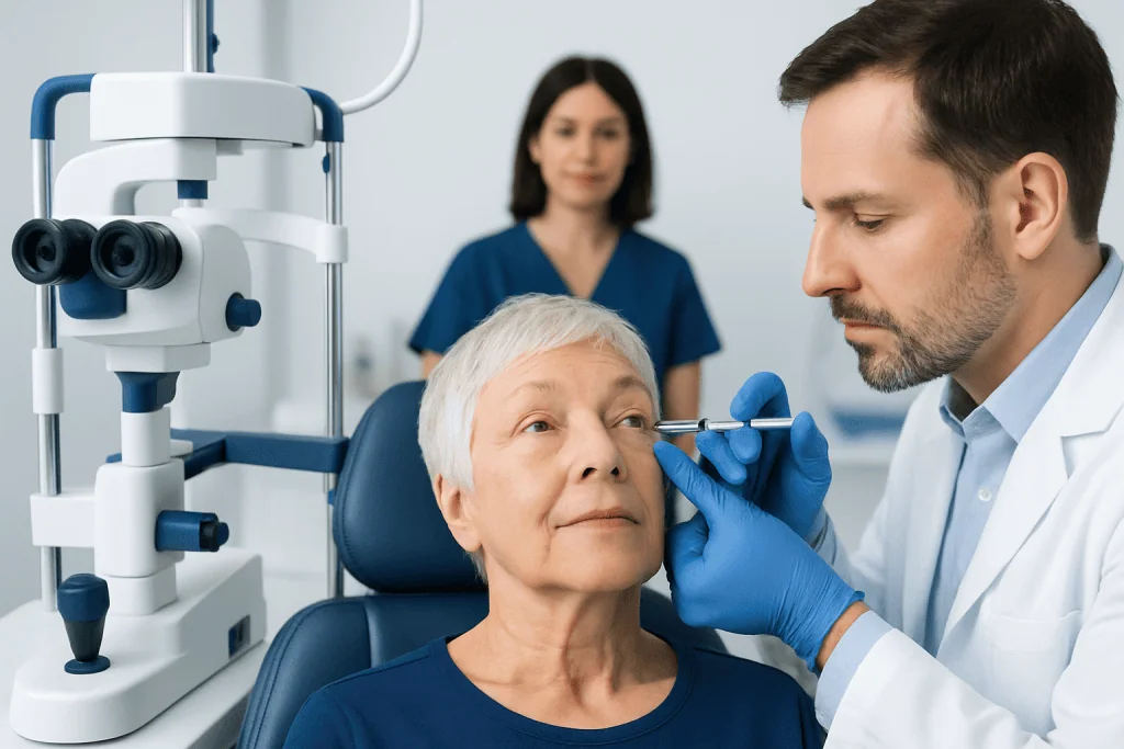 Ophthalmologist administering eye injection to elderly patient in clinic.