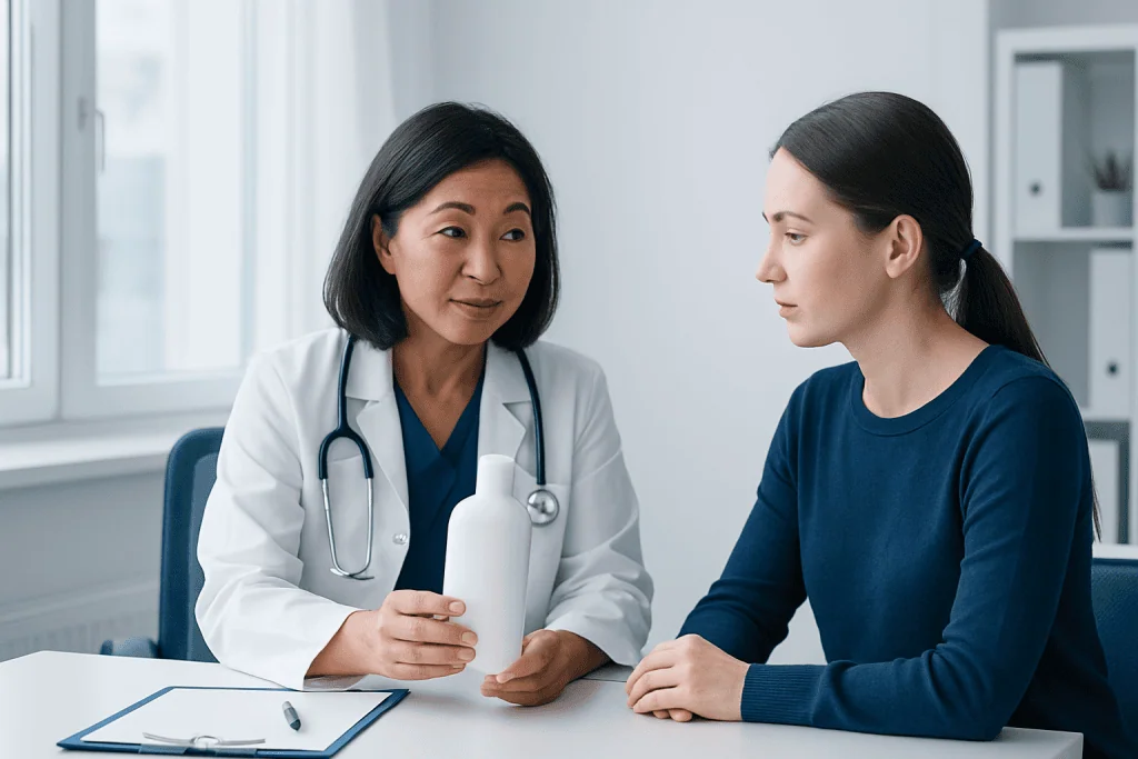 Doctor explaining medication to a patient in a clinical setting.