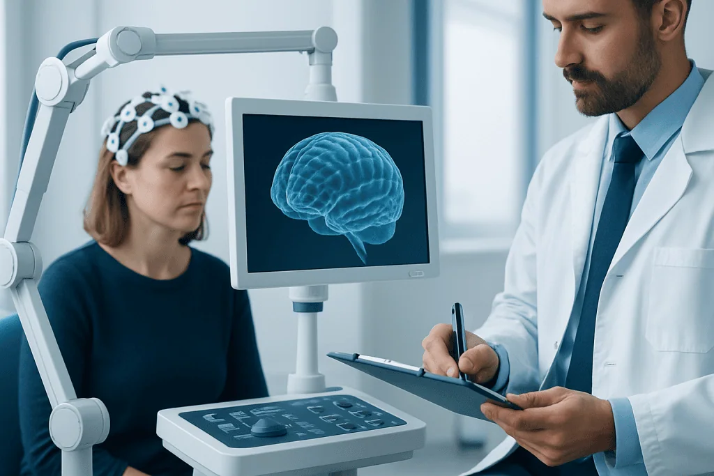 Doctor explains brain scan to patient in a medical setting.