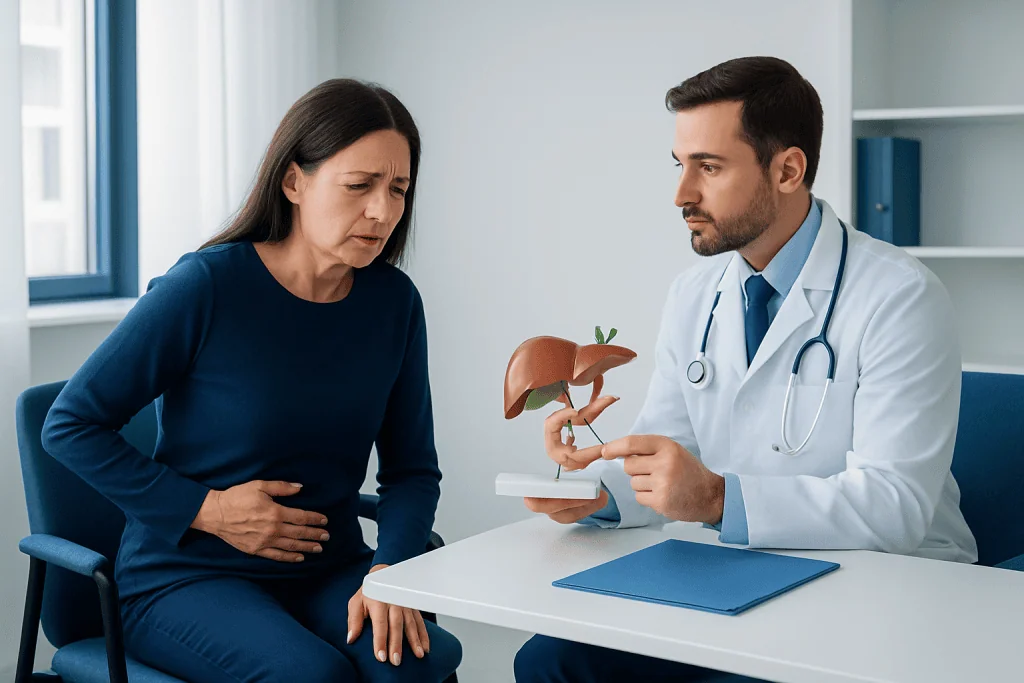 Doctor explaining gallbladder health to a patient with a model.