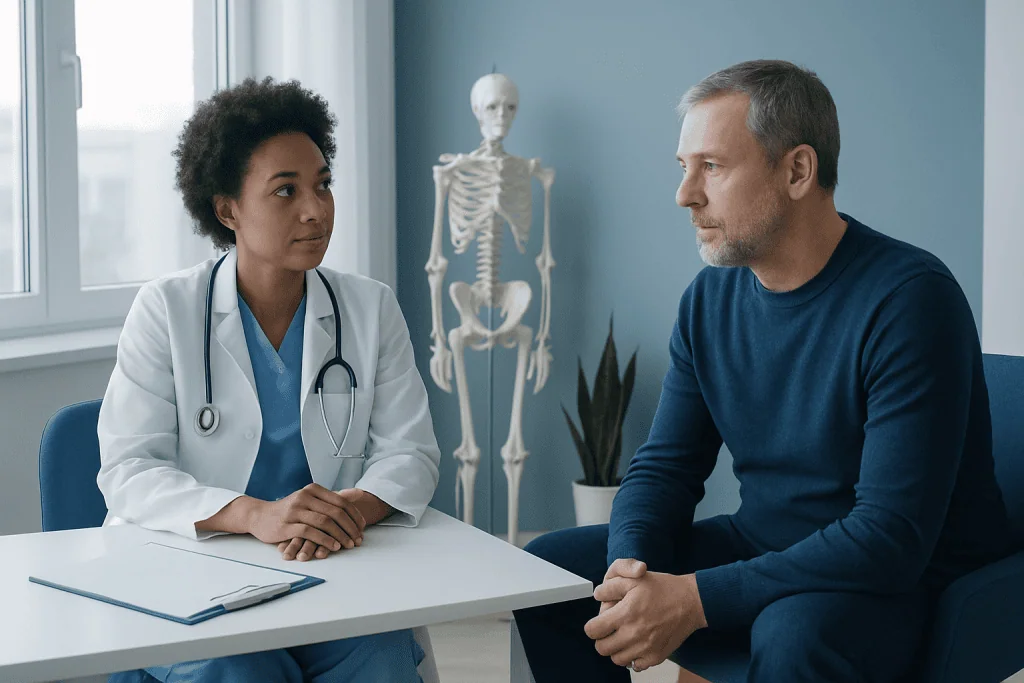 Doctor and patient discussing health in a medical consultation room.