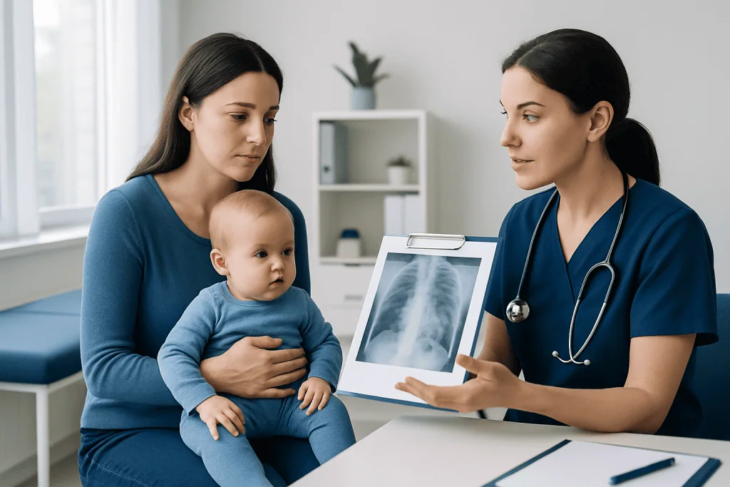 Pediatric consultation with doctor showing chest X-ray to mother and child.
