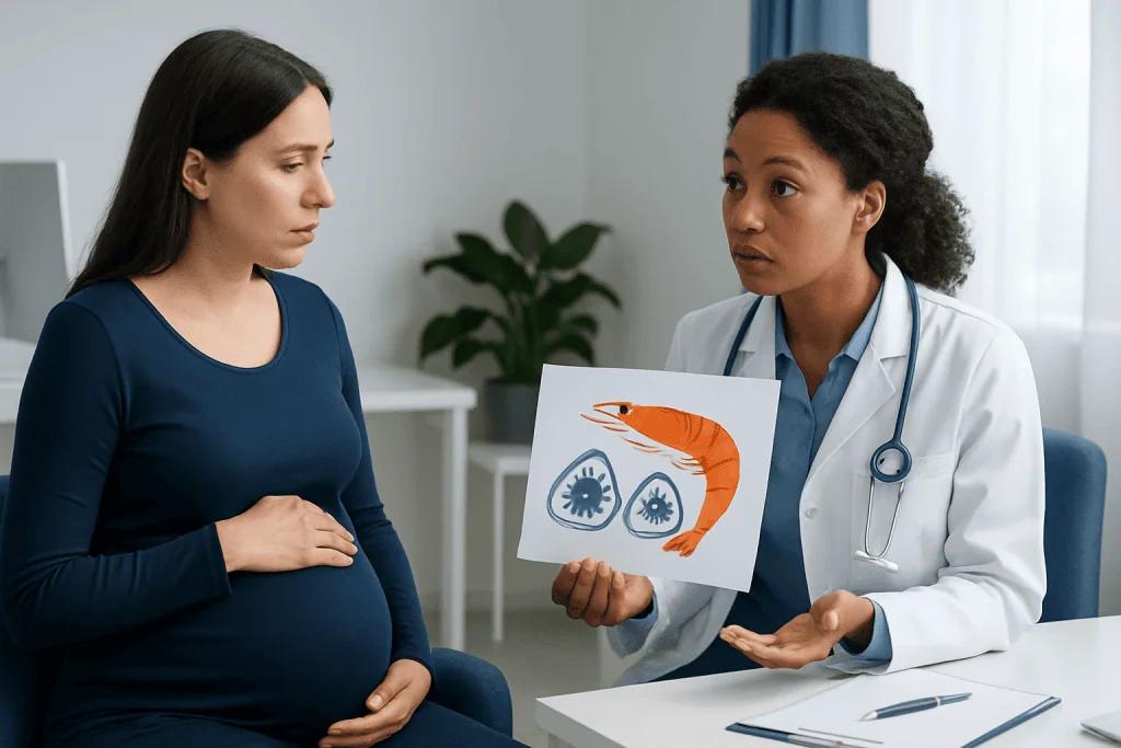 Pregnant woman consulting with doctor about shrimp allergy or digestion.