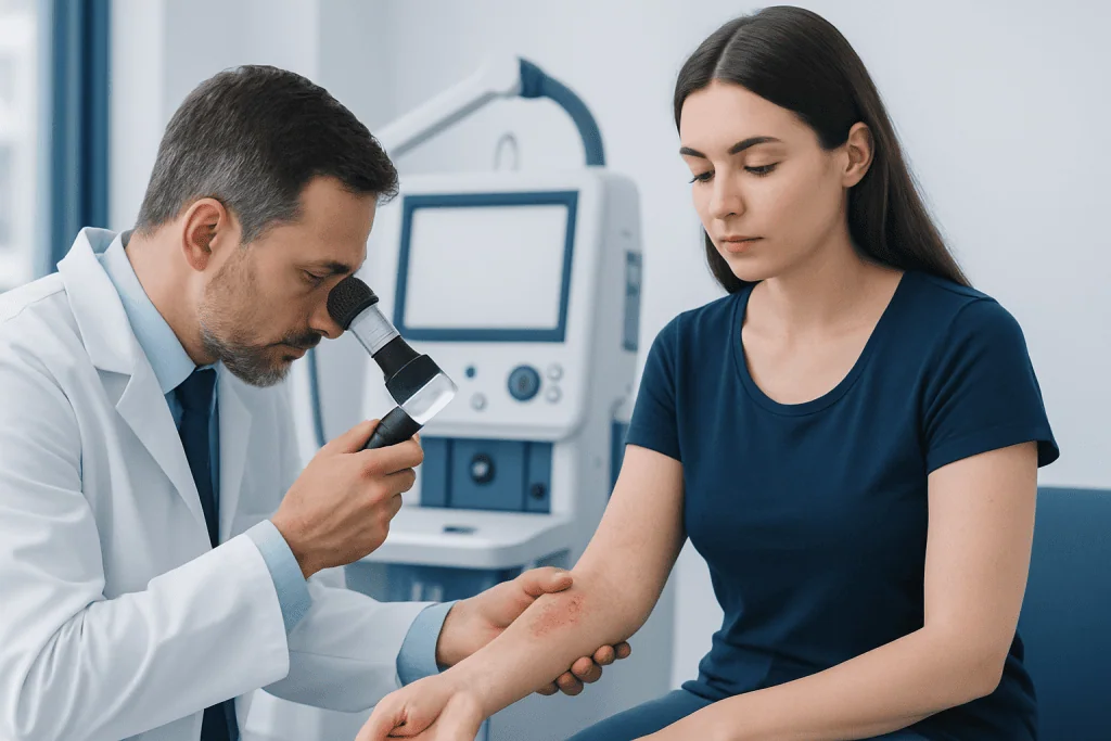 Dermatologist examining patient's skin in a medical clinic setting.
