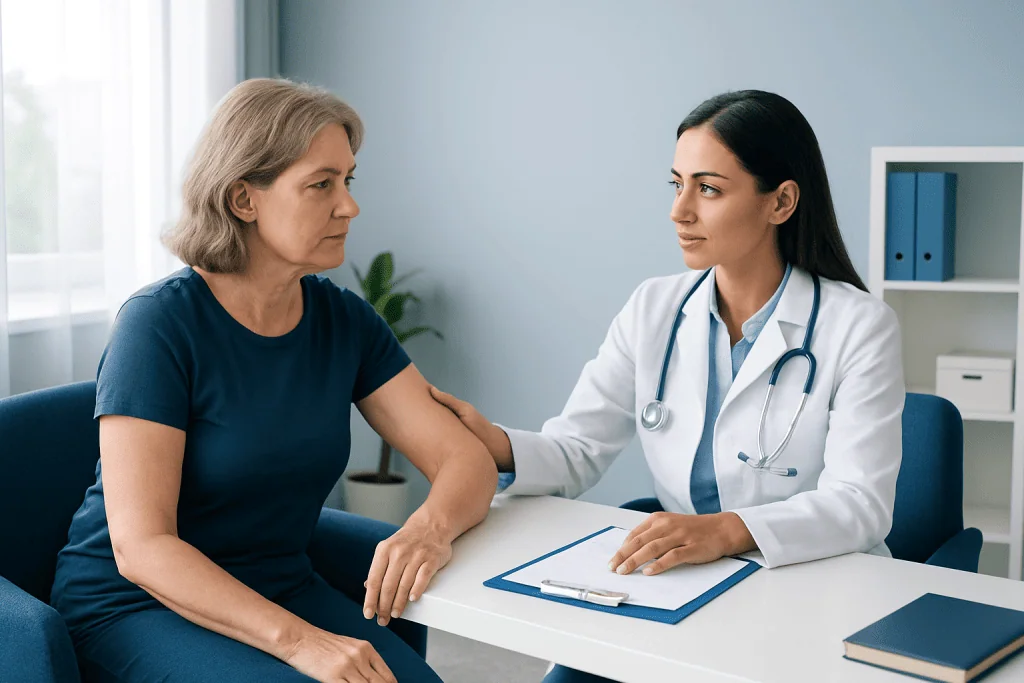 Doctor consulting with a middle-aged woman in a medical office setting.
