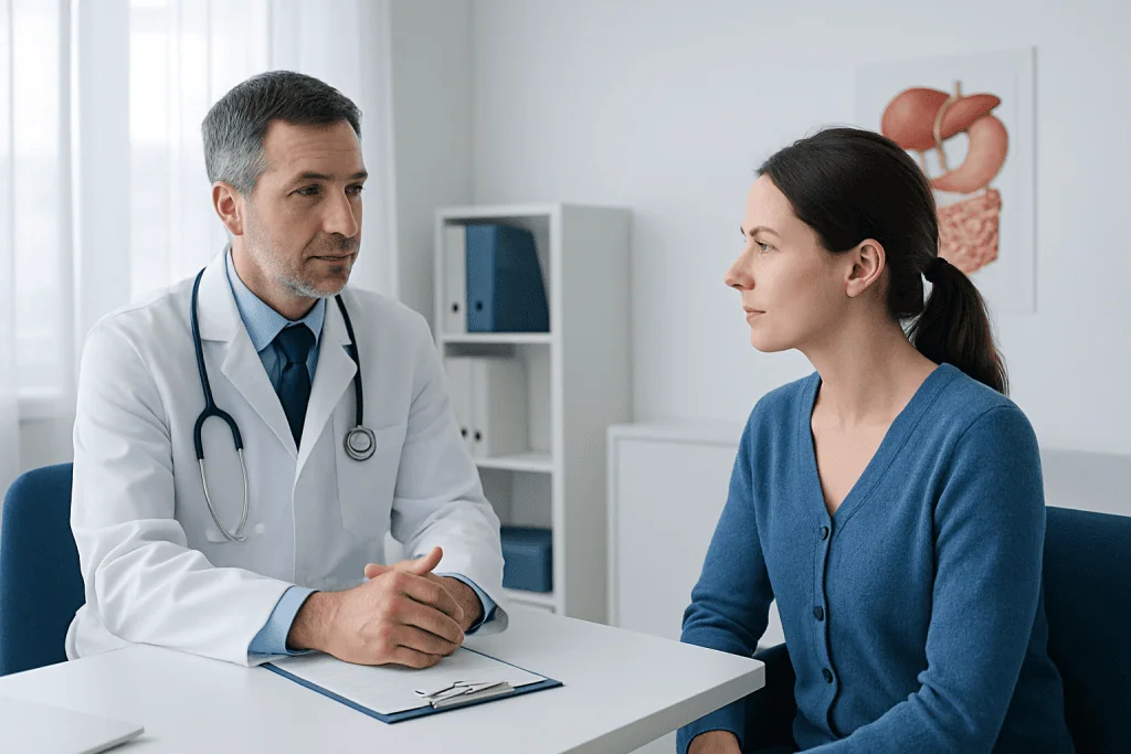 Doctor consulting with a female patient in a medical office.