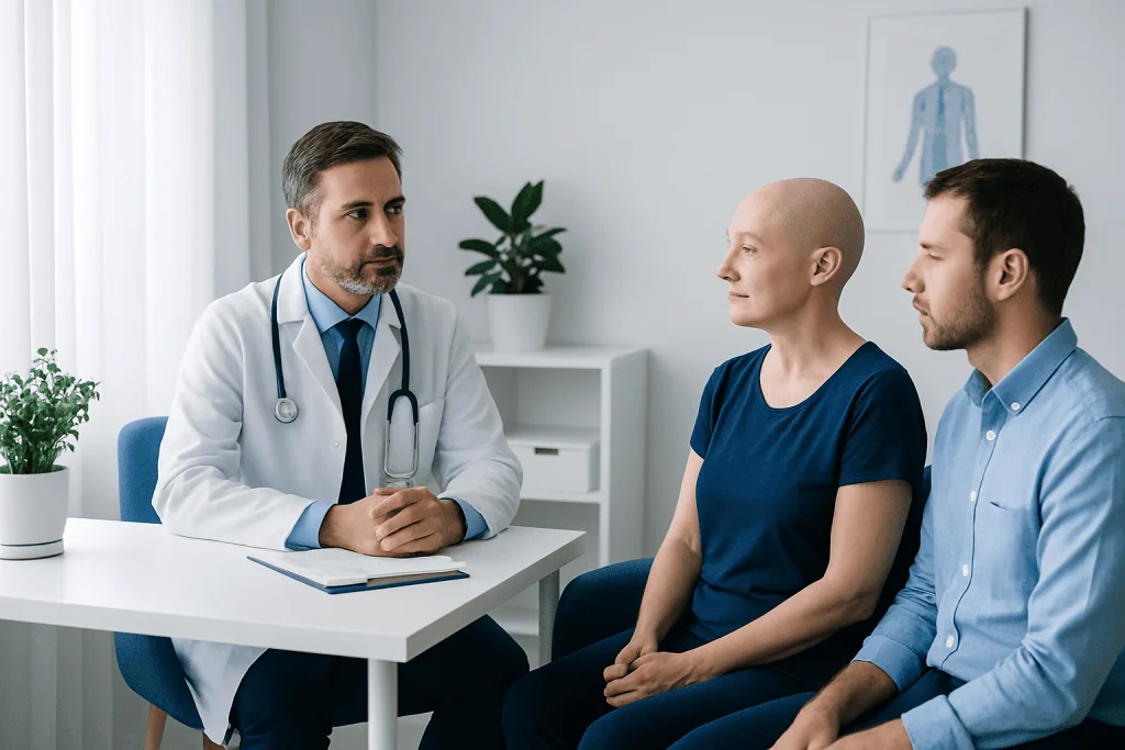 Doctor consulting with a patient and companion in a medical office.