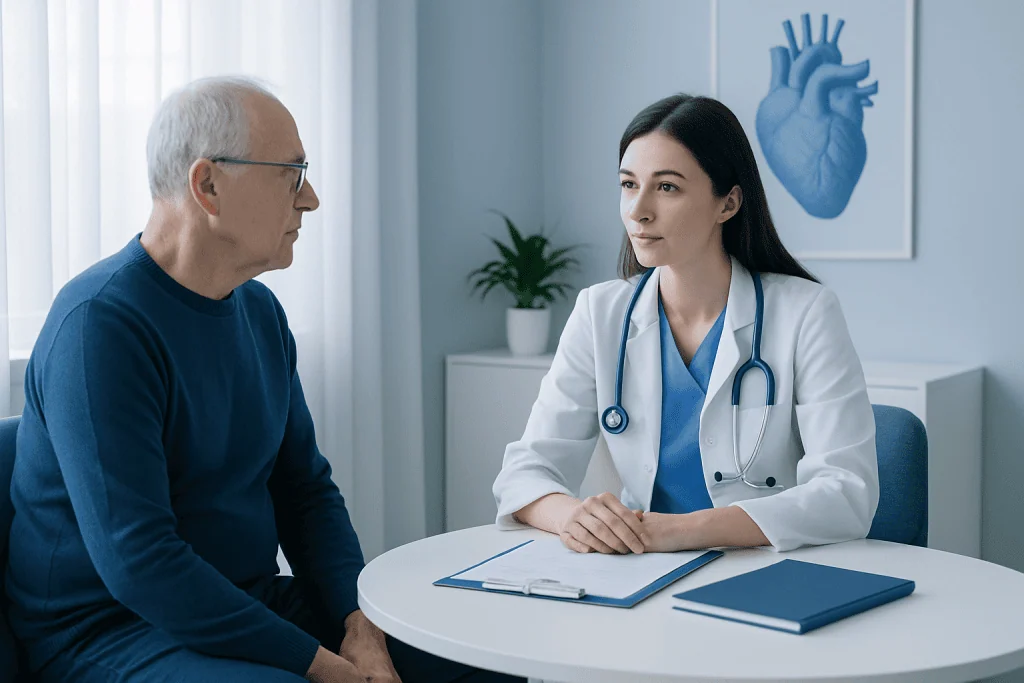 Doctor consulting with an elderly male patient in a medical office.