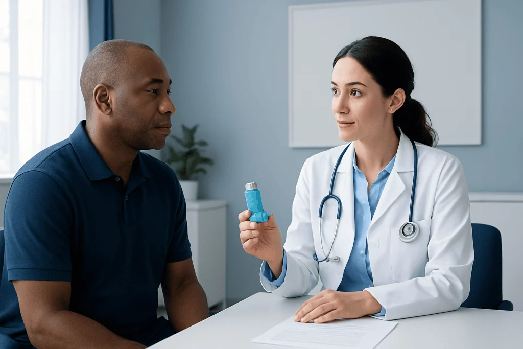 Doctor explaining inhaler use to patient in clinic setting.