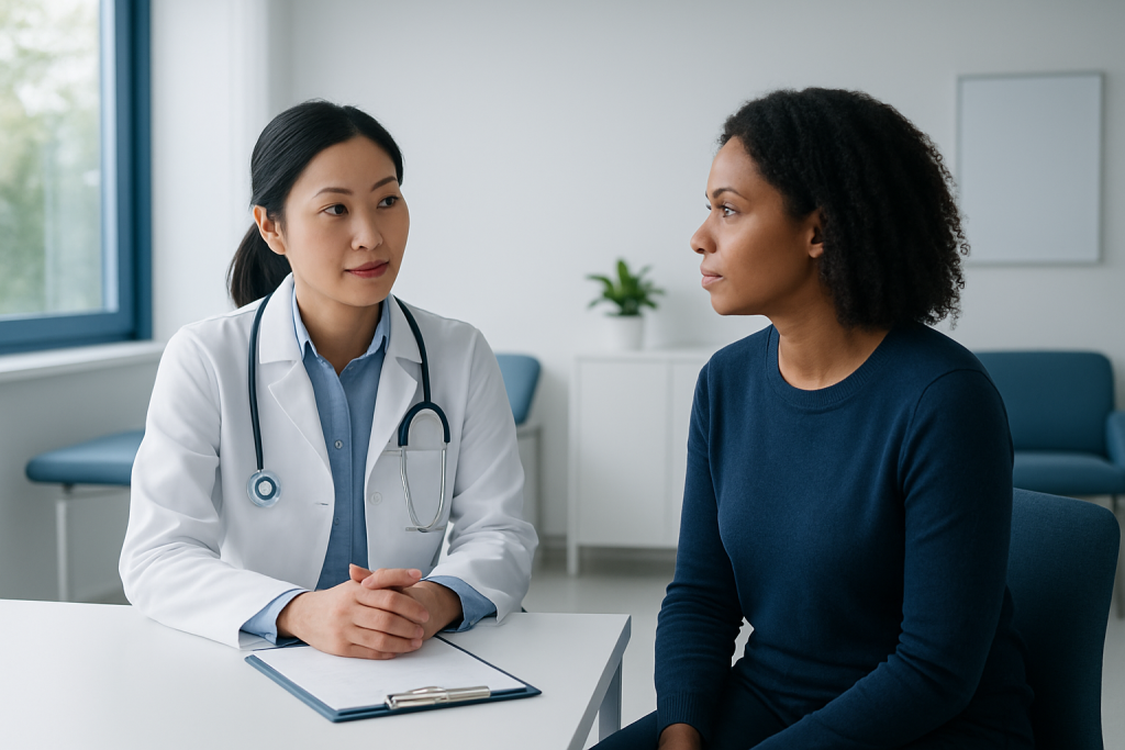 Doctor consulting with a patient in a modern medical office.