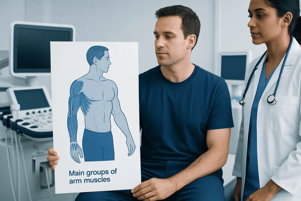 Doctor explaining arm muscle groups to patient with diagram.
