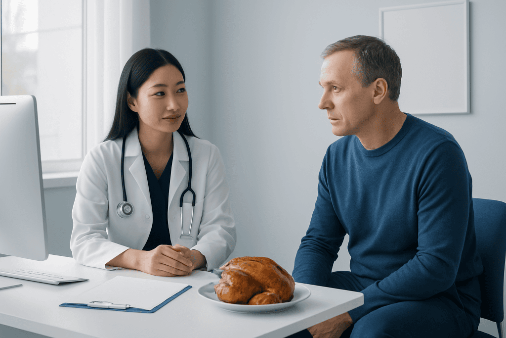 Doctor consulting with patient about health with roasted chicken on table.
