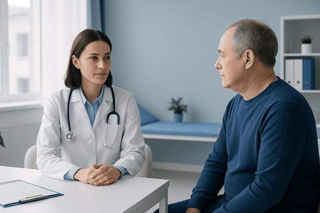Doctor consulting with a male patient in a medical office.