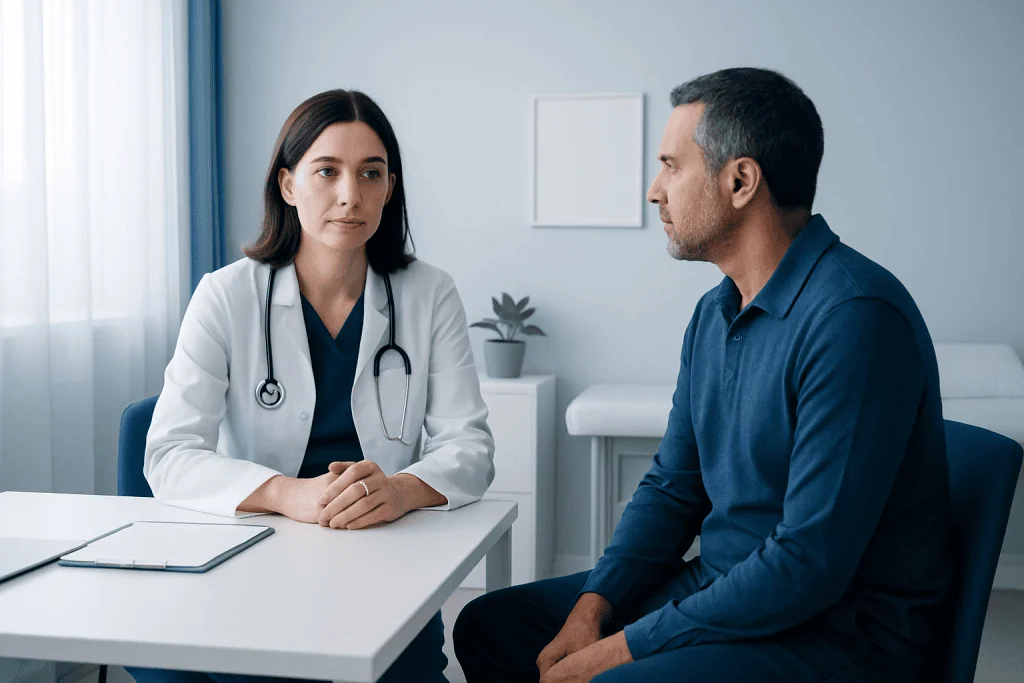 Doctor consulting with patient in a medical office setting.