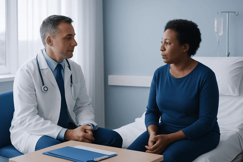 Doctor consulting with a patient in a hospital room.
