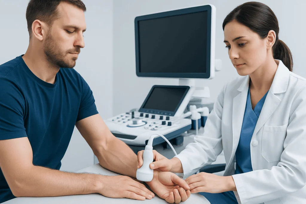 Medical professional performing an ultrasound on a patient's lower arm.