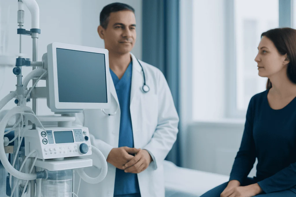 Doctor consulting a patient in a modern hospital room with medical equipment.