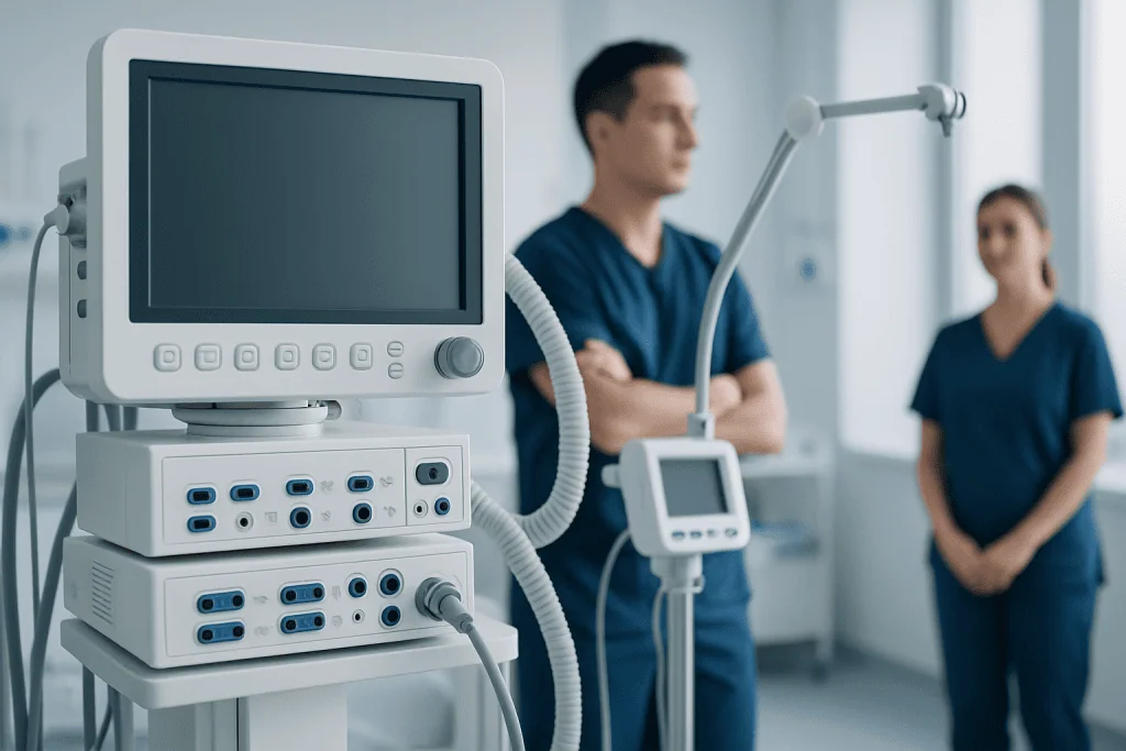 Medical ventilator machine in a hospital setting with healthcare professionals.