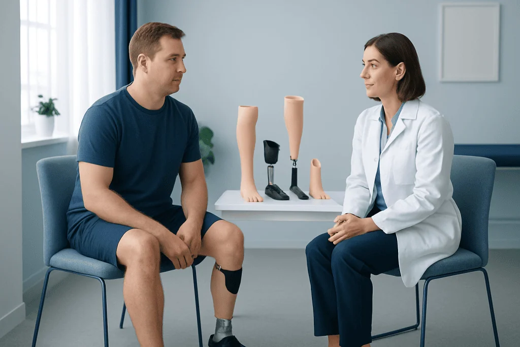 Patient with prosthetic leg consulting with doctor in a medical office.