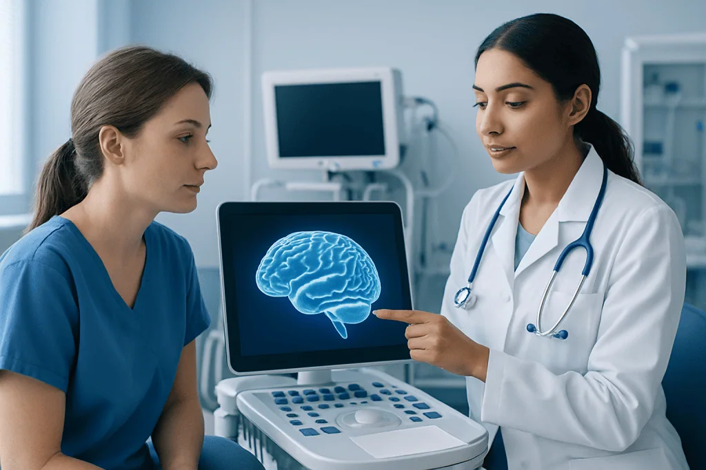 Doctor explaining brain scan to patient in a medical setting.
