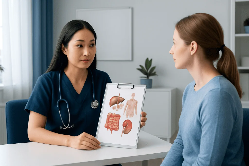 Doctor explaining abdominal organs to patient in consultation room.
