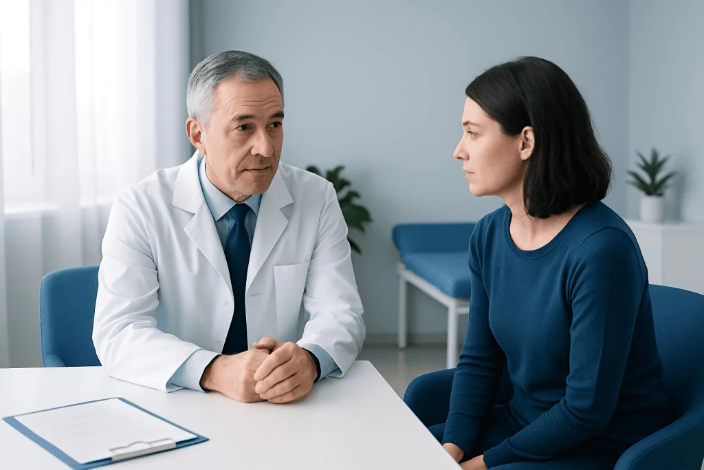 Doctor consulting with a female patient in a medical office.