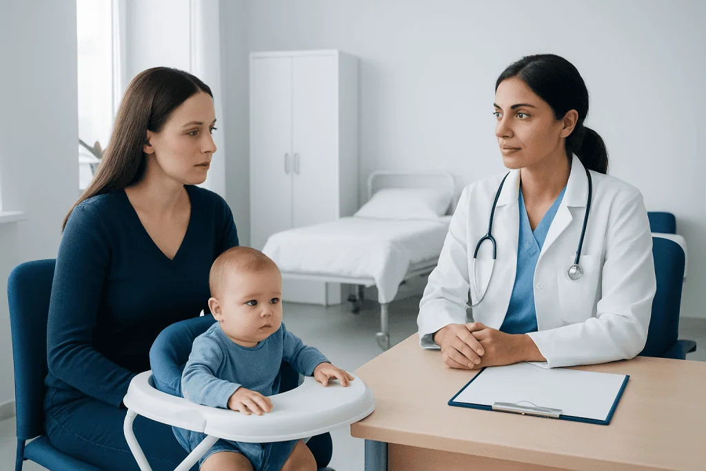 Doctor consulting with mother and baby in hospital room.