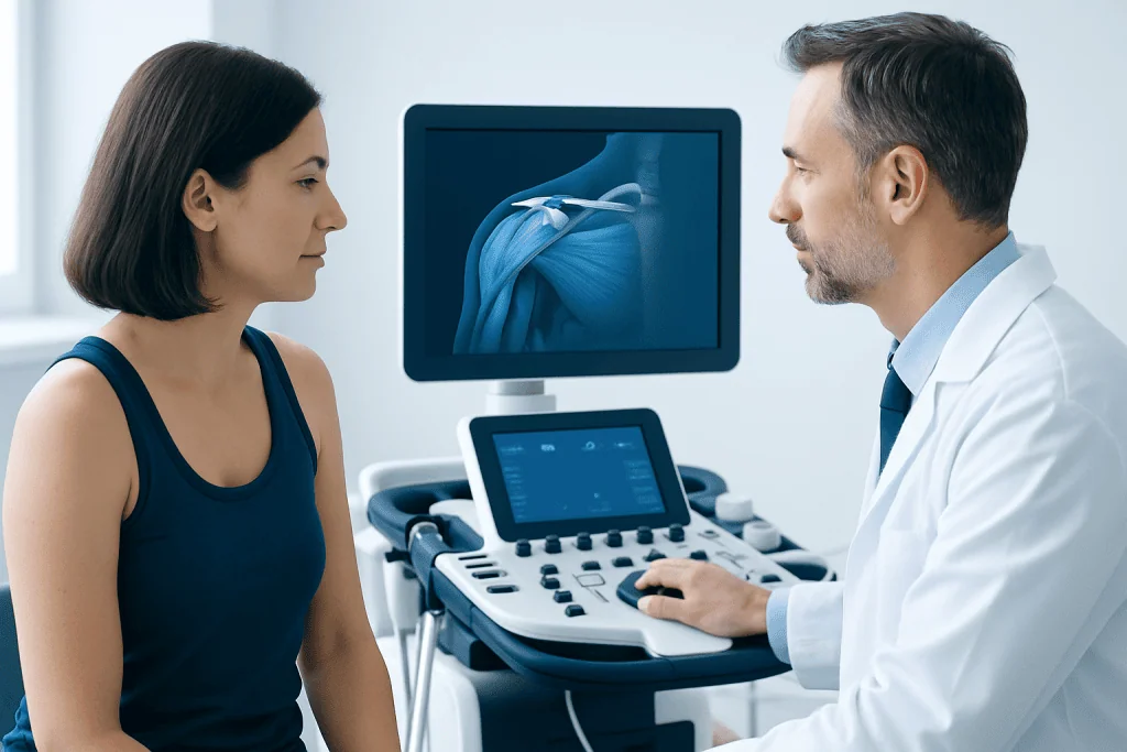 Doctor explaining shoulder MRI results to a patient in a clinical setting.