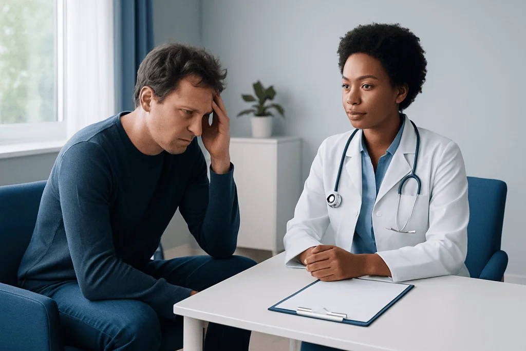 Patient consulting with a doctor about mental health concerns in a clinical setting.