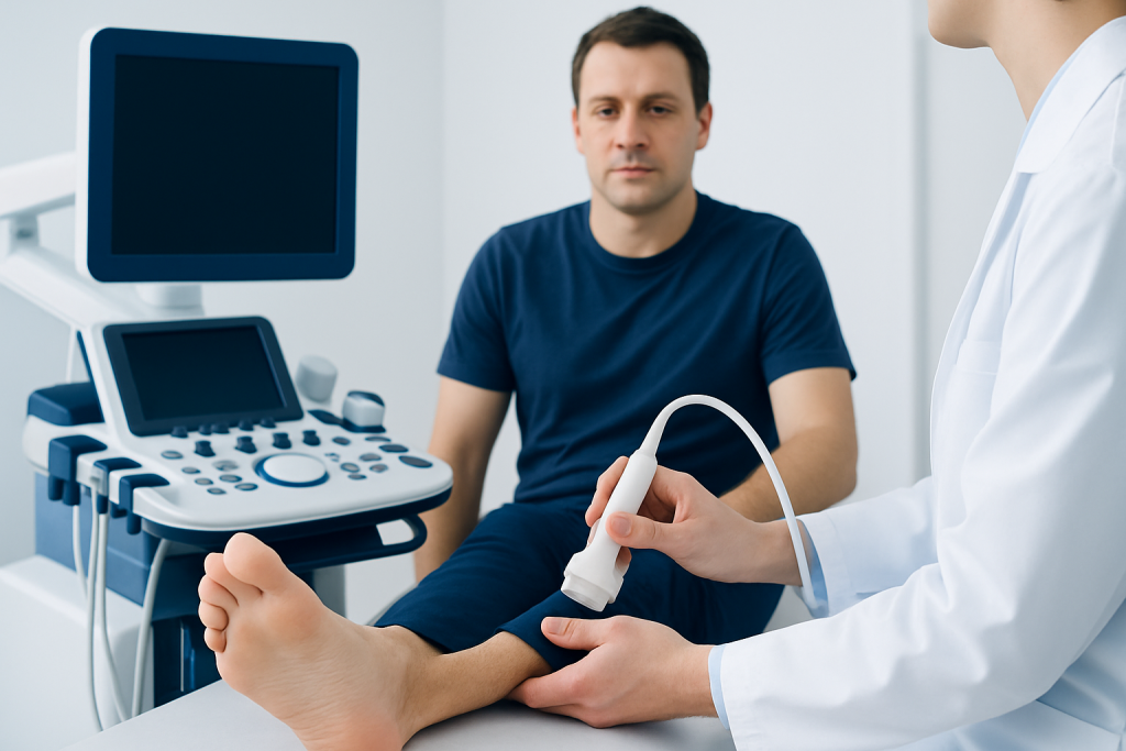 Doctor performing an ultrasound on a patient's foot in a medical clinic.