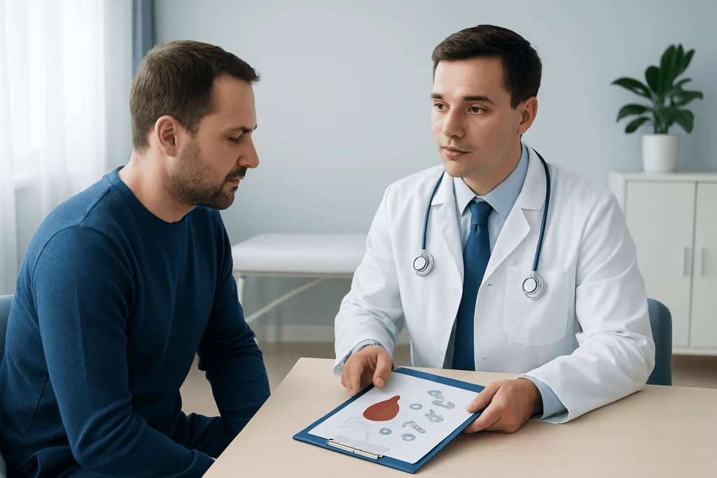 Doctor explaining hemophilia treatment options to patient in clinic.