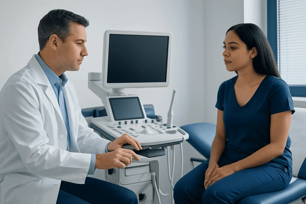 Doctor consulting a patient in a medical examination room at Acibadem Hospitals.