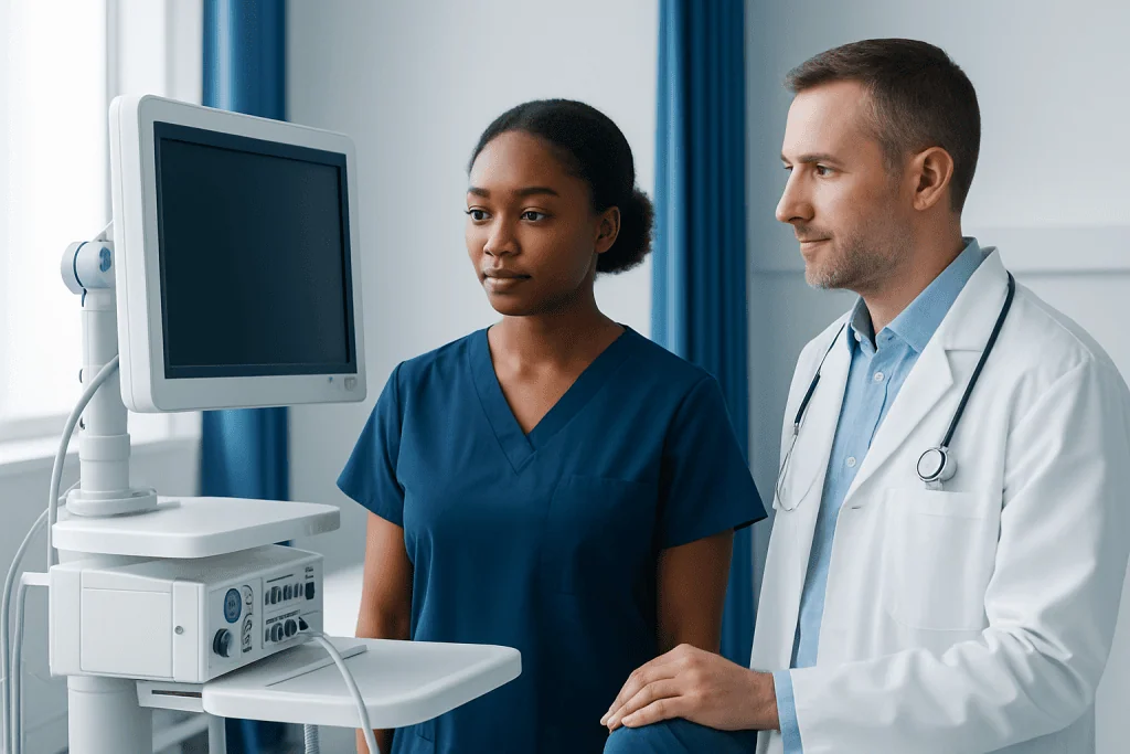 Doctor and nurse reviewing patient data on medical monitor at Acibadem Hospital.