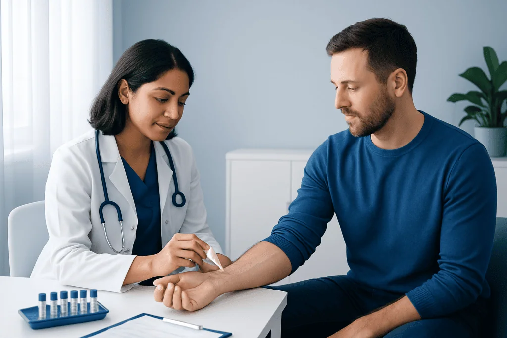 Doctor performing allergy test on patient in a clinical setting.