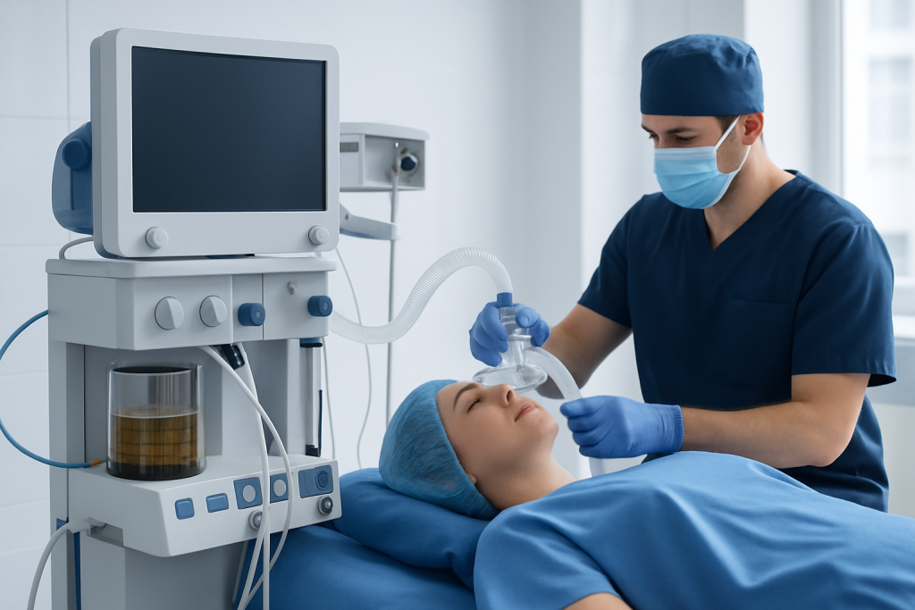 An anesthesiologist administering anesthesia to a patient in a hospital setting.