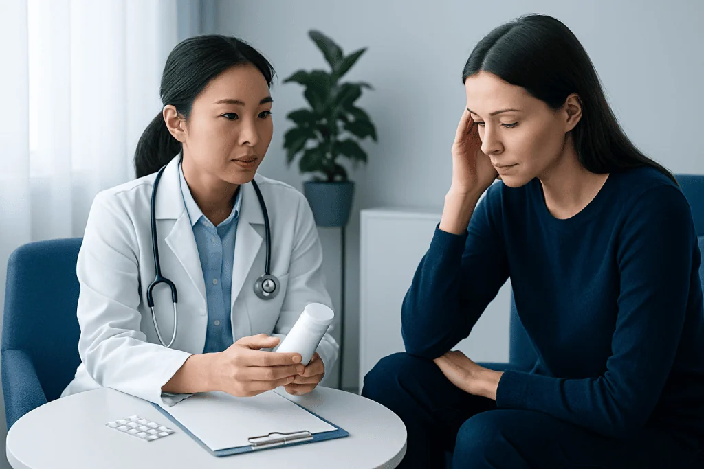 Doctor explaining medication to a patient in a consultation room.