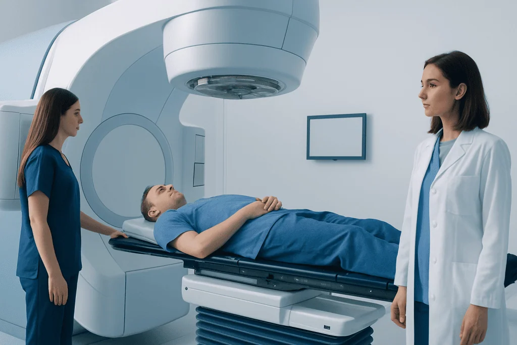 Patient undergoing MRI scan at Acibadem Hospital for cancer diagnosis.