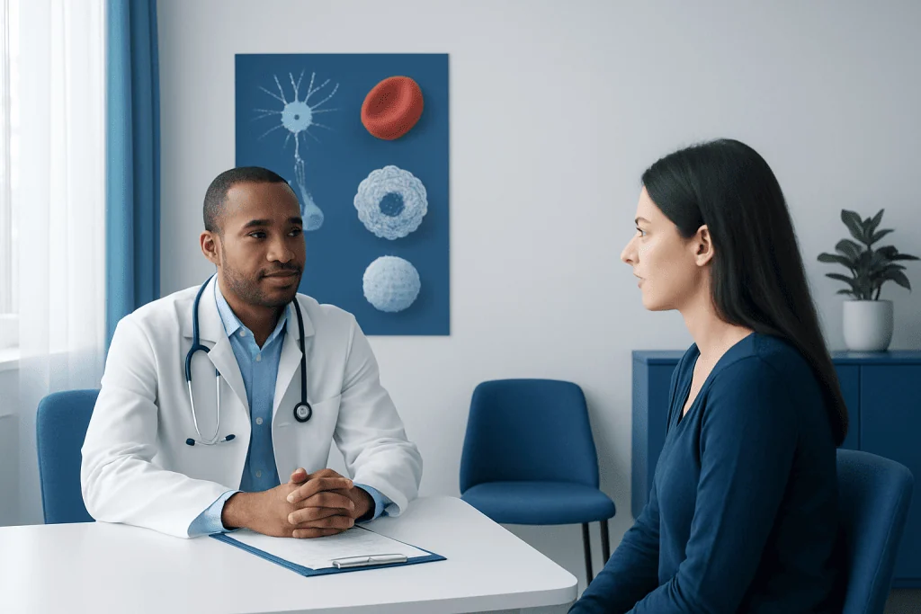 Doctor consulting with a patient in a medical office setting.