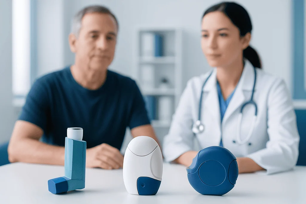 Asthma inhalers and nebulizer devices on a table with a doctor and patient.