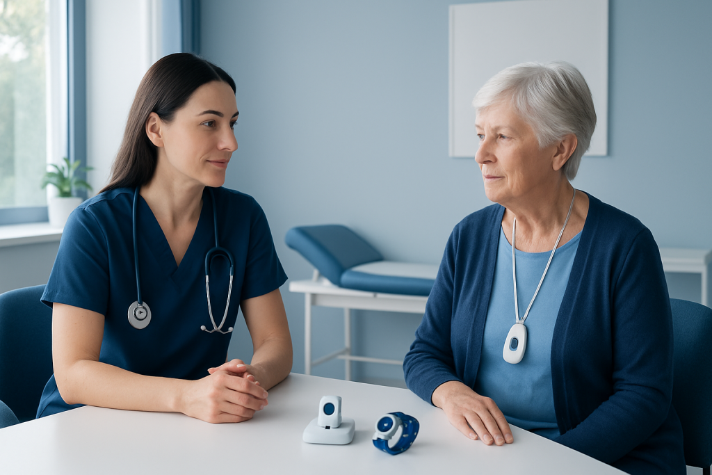 Healthcare professional explaining life alert devices to elderly patient.
