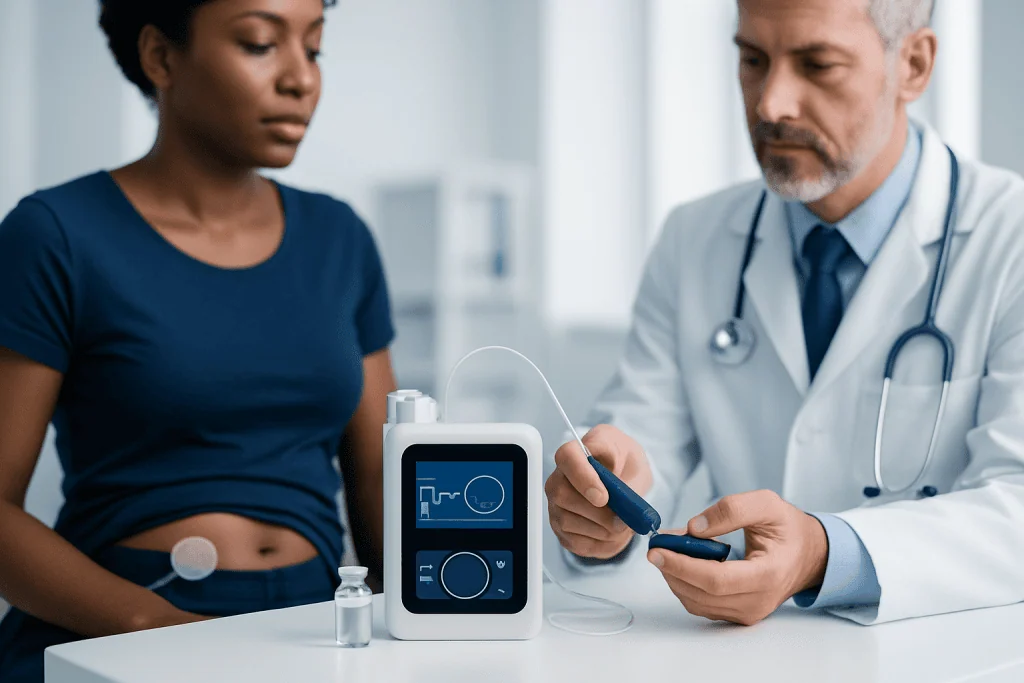 Doctor monitoring a patient's vital signs with medical equipment in a clinical setting.