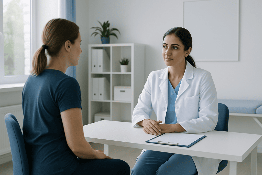 Doctor consulting with a patient in a modern medical office.