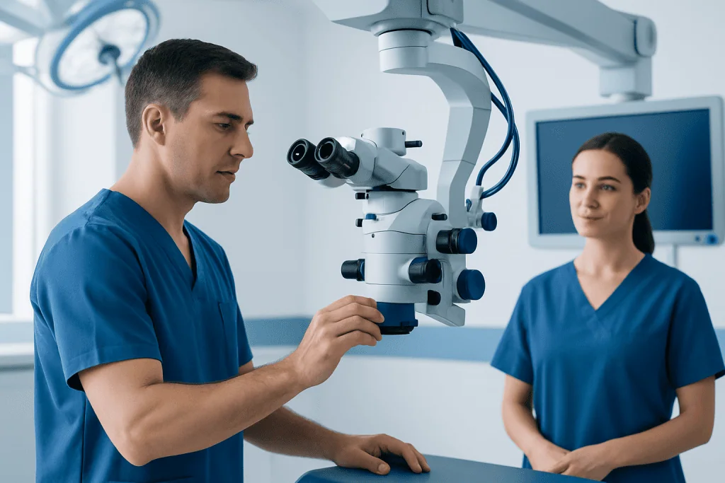Medical professionals using a microscope in a clinical setting.