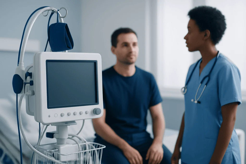 Doctor and patient in a hospital consultation room with medical equipment.