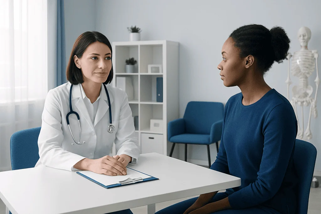 Doctor consulting with a patient in a modern medical office.