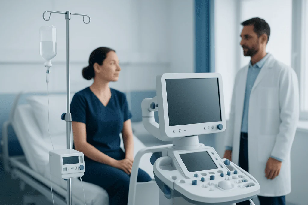 Medical consultation with ultrasound equipment at Acibadem Hospital.